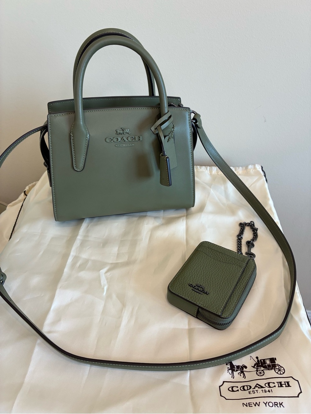 Coach Andrea Carryall with Coach Pebbled Leather Zip Card Case in Military Green
